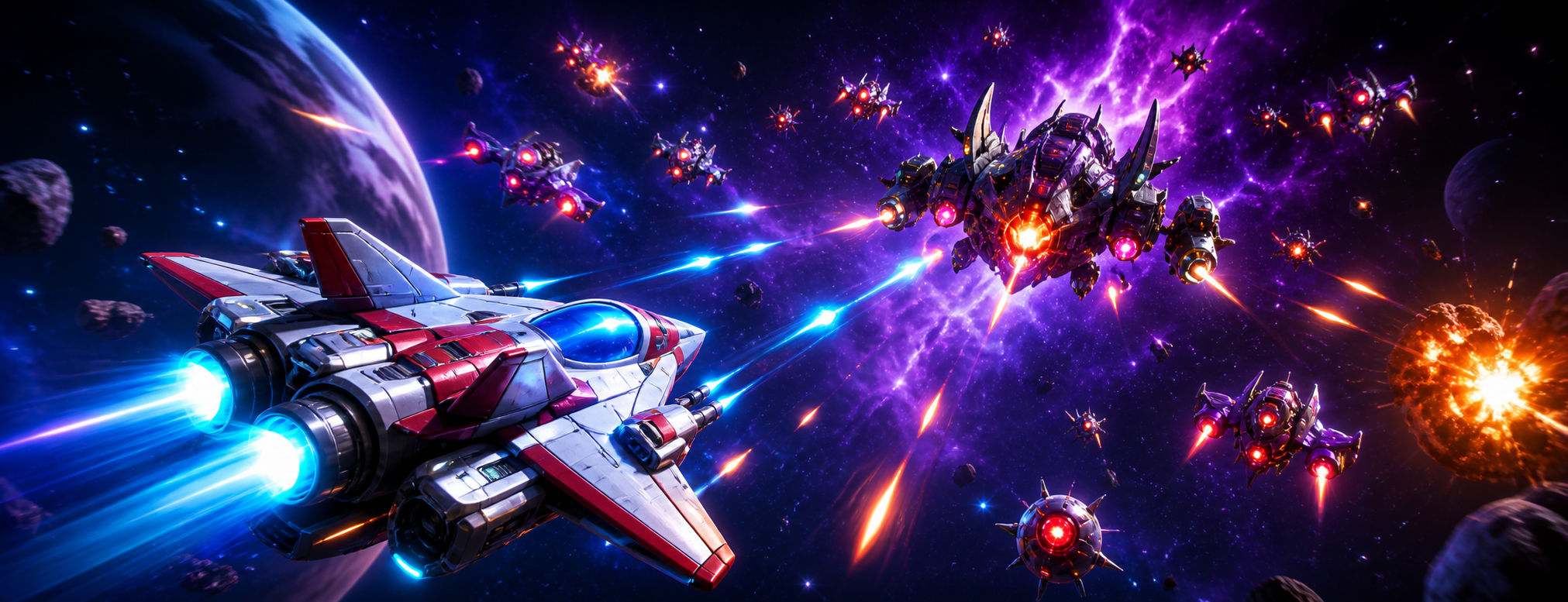 Starfighter battling alien ships across a purple galaxy