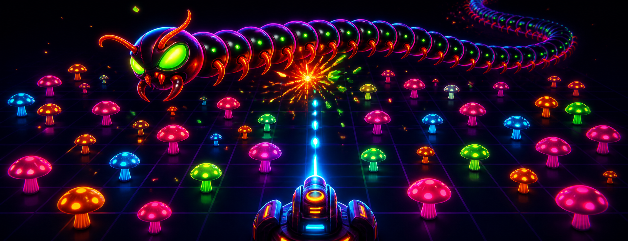 Neon centipede arcade game with mushrooms and a laser cannon